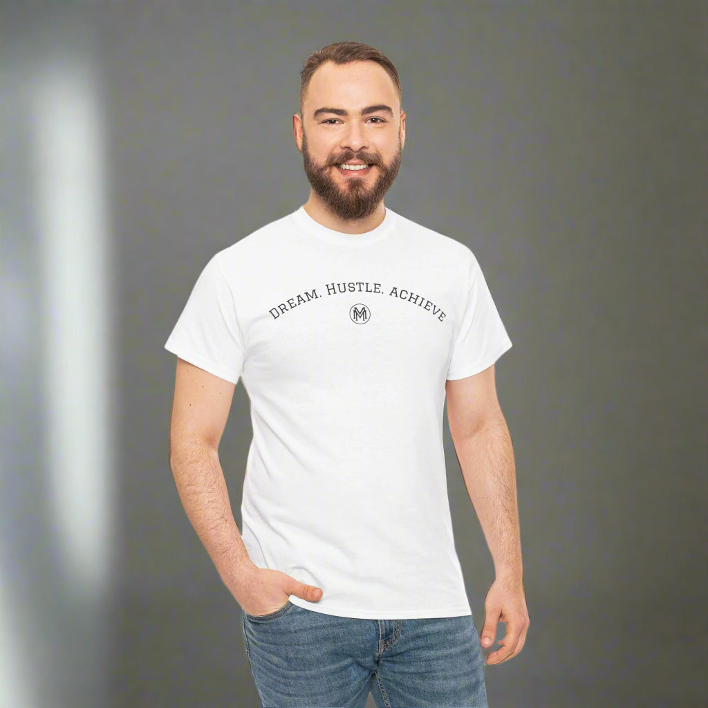 "Dream. Hustle. Achieve." Classic Fit tee (white)
